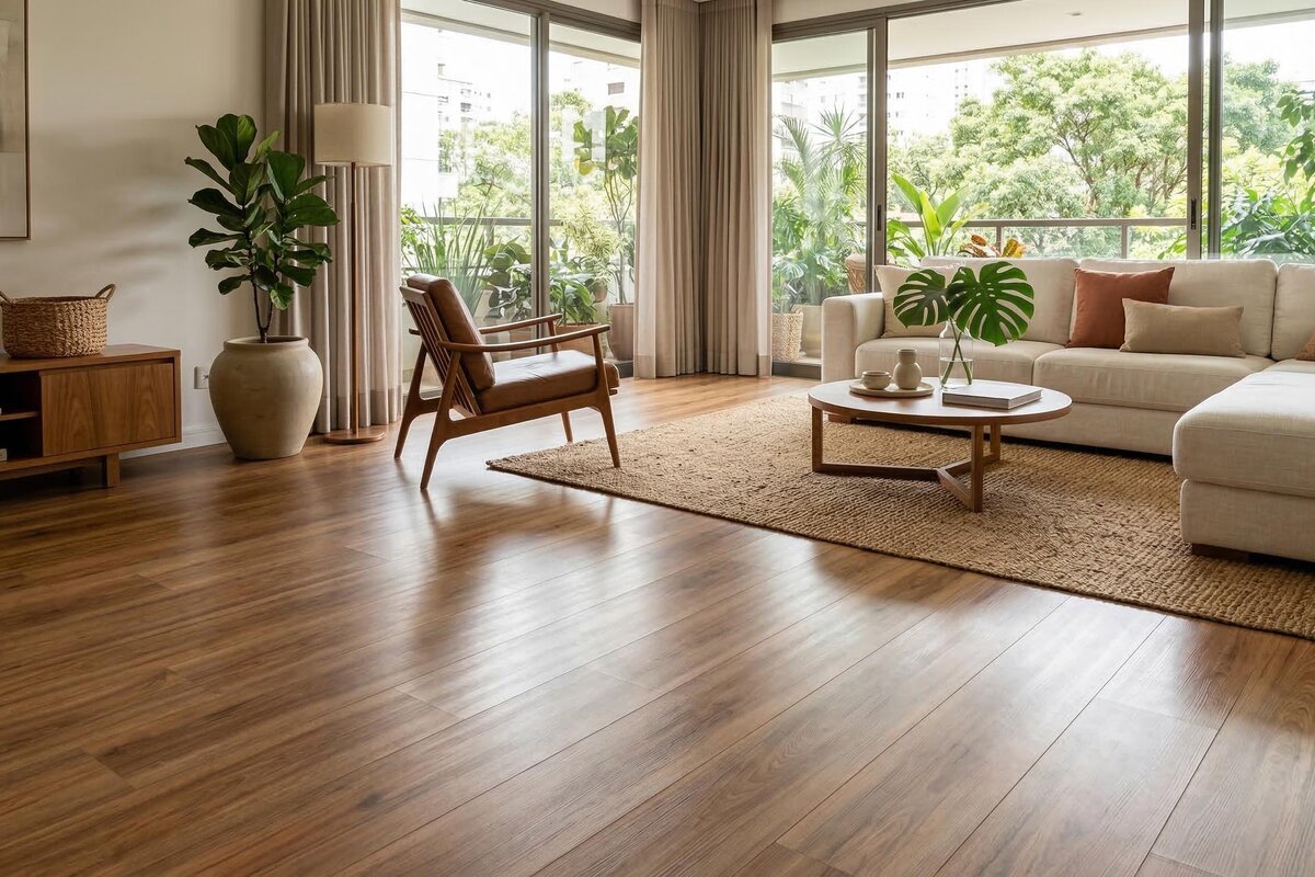 Piso laminado com acabamento amadeirado em ambiente residencial