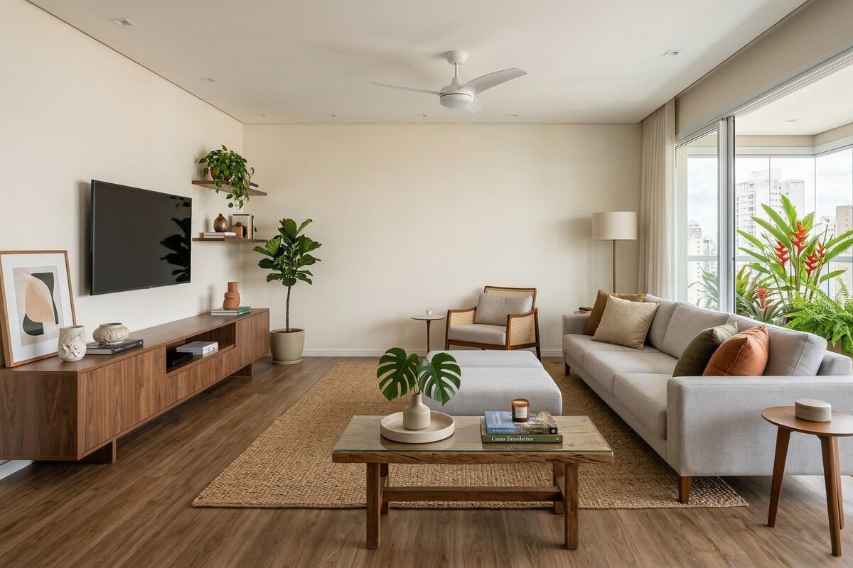 Piso vinílico instalado com visual elegante em sala