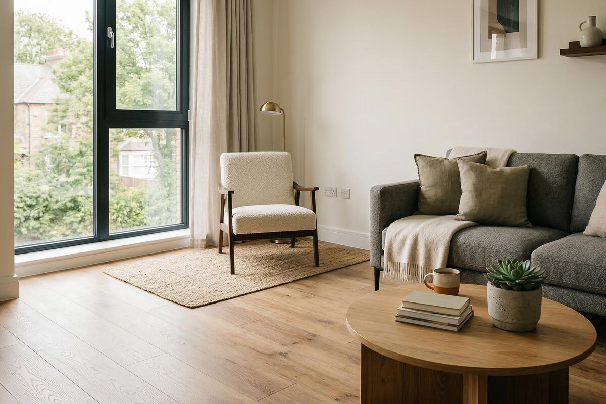 Ambiente interno com piso laminado e acabamento moderno